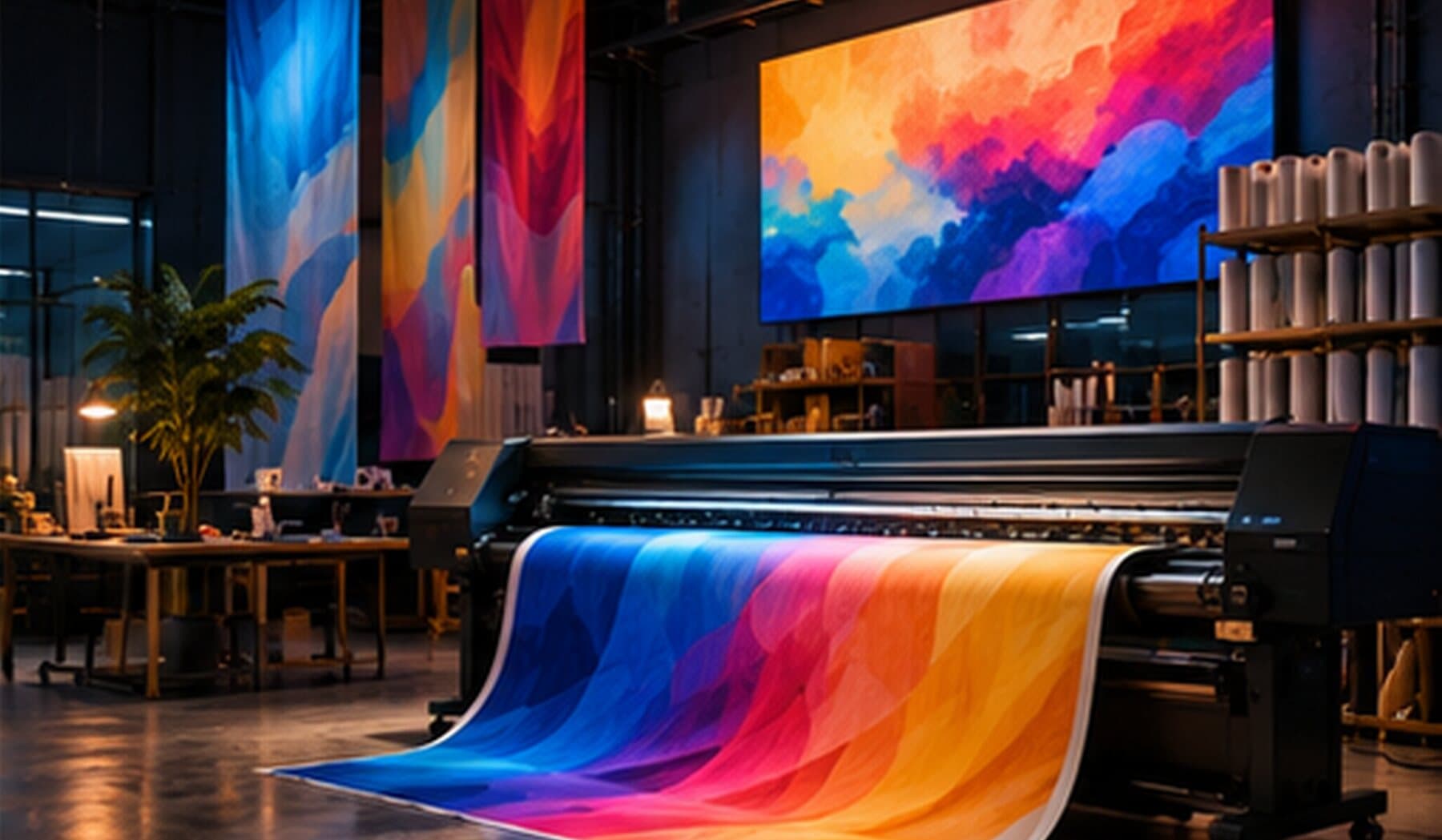 Imprimantă de format mare care scoate un print colorat, cu textile printate și o casetă luminoasă într-un atelier